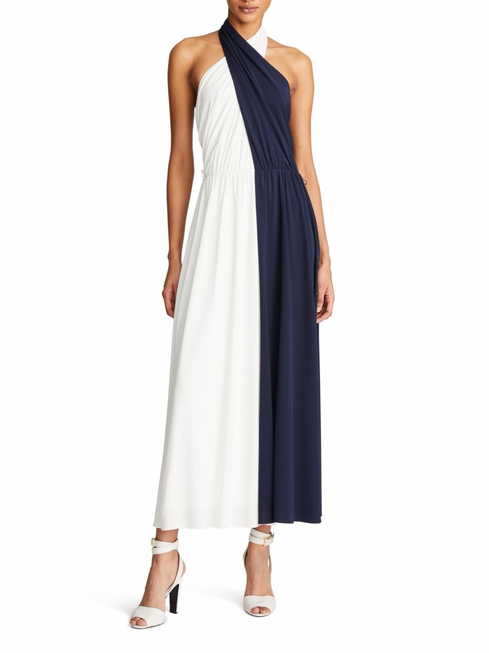 Halston Heritage One-Shoulder Navy and White Maxi Dress